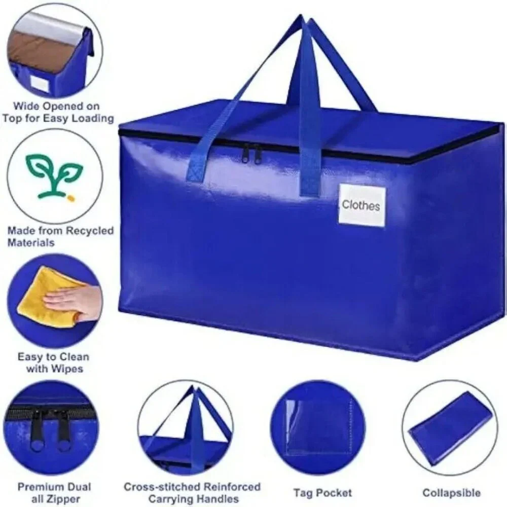 4 Large Moving Tote Bags W/ Zippers & Carrying Handles Heavy Duty Storage Blue